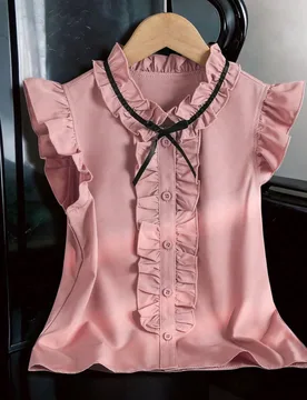 Blusa de estilo vintage con cuello redondo, sin mangas y volantes para niñas preadolescentes, de primavera y verano, de color liso y elegante para us - Shein - FashionsVida
