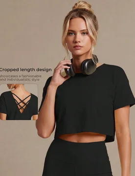 Top corto de entrenamiento para mujer de verano con espalda abierta cruzada, manga corta, corte holgado, camiseta de fitness tipo cover up para yoga, - Shein - FashionsVida