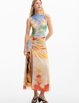 Robe longue drapée, , Polyester, M