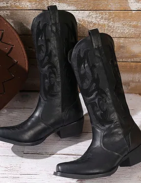 Botas vaqueras occidentales de mujer con bordados de moda vintage para otoño, ideales para usar con vestidos - Shein - FashionsVida