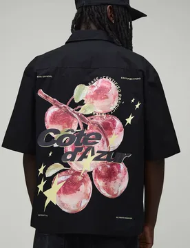 Men's Oversized Half Sleeve Apple Print Shirt Black Size X-Small Black XS - boohooMAN - FashionsVida