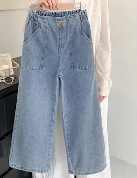 Jeans casuales de estilo bohemio para niña preadolescente con cintura plana, bolsillos y piernas anchas, para uso diario - Shein - FashionsVida