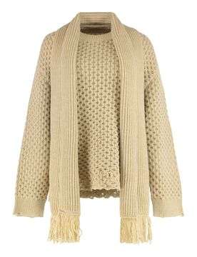 Distressed Wool-Blend Crewneck Sweater with Ribbed Knit Scarf Detail