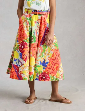 Pure Cotton Printed Midi A-Line Skirt Yellow Mix female - White stuff - FashionsVida