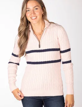 Emma Womens Stripe 1/4 Zip Cable Knit Jumper - - Size: 10 - Rydale - FashionsVida