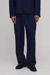 Herren Bestickte Locker Geschnittene Schneiderhose Mit Bundfalten Navy Größe 32