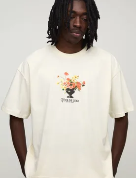 Men's Oversized Boxy Floral Micro Print T-Shirt Ecru Size Small Ecru S - boohooMAN - FashionsVida