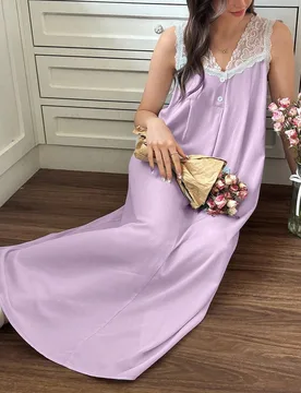 Camisón sin mangas con cuello en V decorado con botones y patchwork de encaje - Shein - FashionsVida