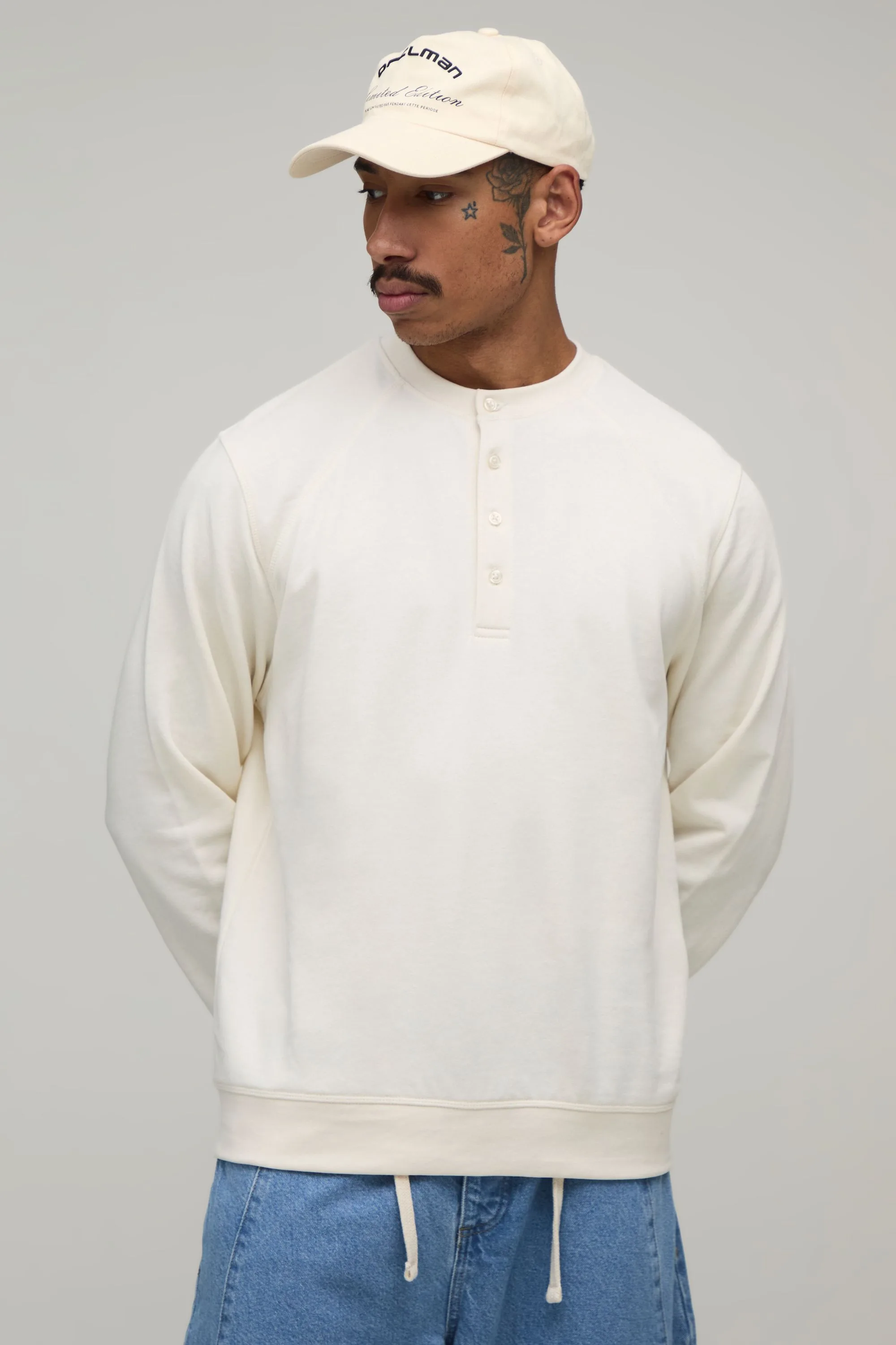 Mens Regular Fit Raglan Panel Henley Sweater - Ecru Cotton - Size Large - boohooMAN - FashionsVida