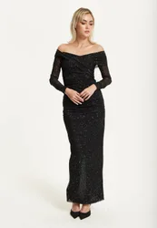 Black Glitter Off-Shoulder Maxi Dress - Black - Size: 8