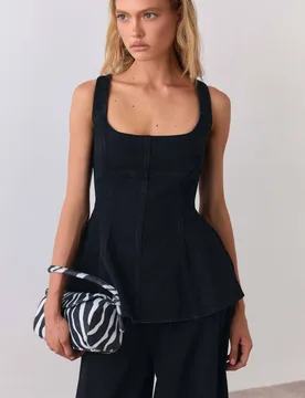 Women's Flared Hem Denim Corset Top in Washed Black Size: 14 - Washed Black - Size: 14 - Warehouse - FashionsVida