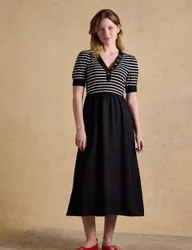 Jersey Striped V-Neck Midi Waisted Dress Black Mix female