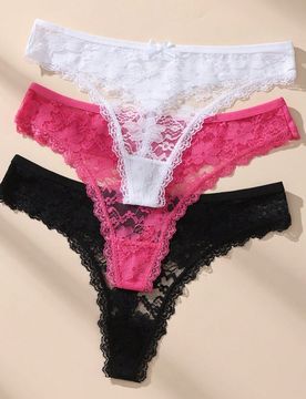 Paquete de 3 tangas de encaje y parches sexy para mujer con moño lindo, ropa interior suave y elástica, amigable con la piel