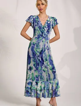 Ruffle V-Neck Mesh Maxi Dress - Multicolor - Size: 14 - Jolie Moi - FashionsVida