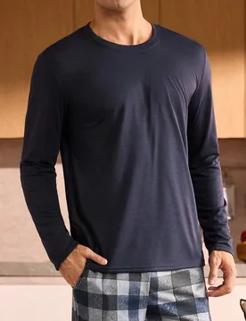 Conjunto de pijama para hombres con top de cuello redondo de unicolor de manga larga y pantalones a cuadros, ropa de otoño e invierno para hombre - Shein - FashionsVida