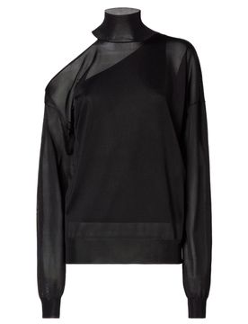 Silk Turtleneck Sweater with Cut-Out Shoulder and Loose Ribbed Fit