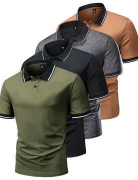 Set de 4 camisas polo de manga corta y coloridas para hombres, de cuello clásico, tela ligera, con bloques de color, fashionables y versátiles para - Shein - FashionsVida