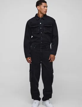 Herren Langarm Entspannter Gewaschener Cargo Denim Overall Washed Black Größe Large - boohooMAN - FashionsVida