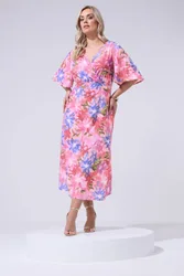 Floral Linen Look Wrap Dress - Pink - Size: 20