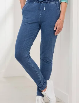 Women's Jersey Denim Joggers Pants in Mid Blue Size: 12S - Mid Blue - Size: 12S - Cotton Traders - FashionsVida