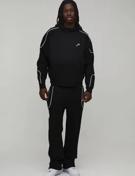Herren Oversized Boxy Kapuzenpullover mit Paspelierung & Baggy Jogger Hose Trainingsanzug Black Größe XS - boohooMAN - FashionsVida