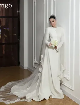 Verngo Simple Modest Wedding Dress O Neck Full Sleeves Mermaid Sweep Train Bride Dress Mulism Prom Bridal Gown Customized - Aliexpress - FashionsVida