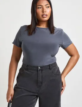 Womens Plus Double Layer Slinky Fitted Bodysuit - Charcoal - Size 22 Uk - Boohoo - FashionsVida