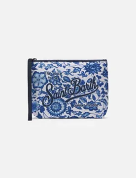 Pochette Aline bianca in neoprene con fantasia floreale blu - MC2 SAINT BARTH - FashionsVida