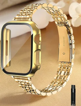 Juego de pulsera de acero inoxidable dorado + protector de vidrio templado, compatible con Apple Watch 38/40/41/42/44/45/46mm SE11/10/9/8/7/6/5/4/3/2/ - Shein - FashionsVida