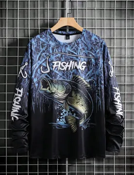 Camiseta casual de manga larga para hombre - Estampado 3D de peces, cuello redondo, poliéster, camiseta degradada de negro a azul, ideal para activid - Shein - FashionsVida