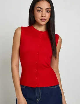 Womens Rib Knitted Button Through Cinched Hem Top - Red Viscose - Size Medium - Boohoo - FashionsVida