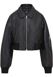 Oversized Leather MA-1 Bomber Jacket - Black - Size: 10