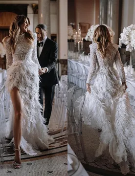 Pearls Feathers Bridal Gowns Side Split Wedding Dress Customized Illusion Beaded Lace Vestido de novia - Aliexpress - FashionsVida