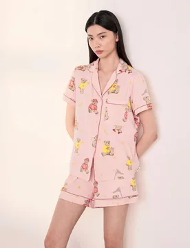 Jersey Bear Stars Print Revere Shortie Set Light Pink female - Chelsea Peers - FashionsVida