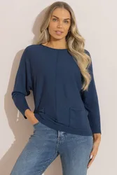 Women's Batwing Knitted Jumper in Navy Size: Medium - Navy - Size: M