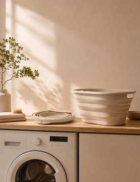 Cesto portabiancheria pieghevole con manici - beige