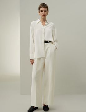 Pantaloni Seta-Lino Eleganti Bianchi con Pieghe, Taglia 48