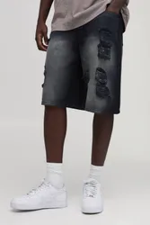 Herren Extrem Weite Zerrissene Jeansshorts Washed Black Größe 36