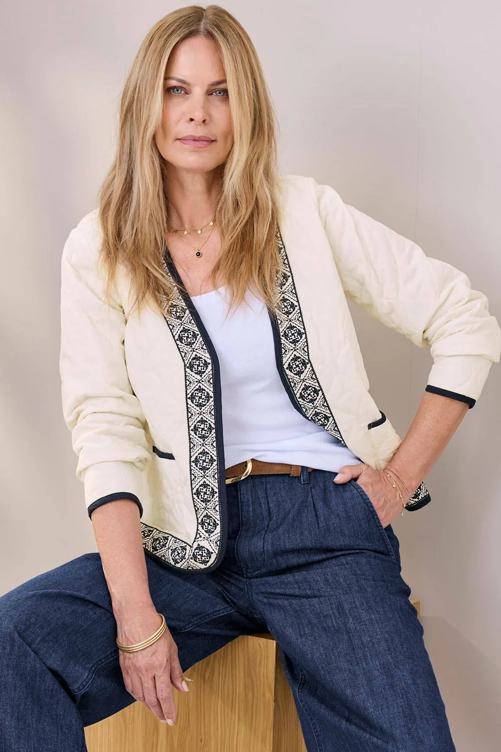 Embroidered Quilted Jacket - Cream - Size: 14 - Cotton Traders - FashionsVida
