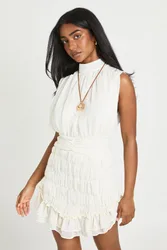 Womens Textured Chiffon High Neck Drop Hem Mini Dress - White - Size 8 Uk