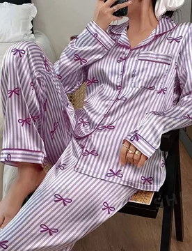 Conjunto de pijama de 2 piezas con top de manga larga a rayas y pantalones de seda sintética para mujer, ropa de invierno - Shein - FashionsVida