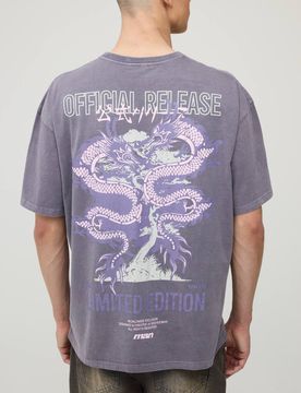 Herren Gewaschenes Anthrazit Übergroßes Drachen-Print Oberteil Washed Charcoal Größe XS