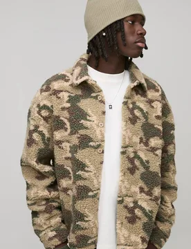 Herren Oversize Camo Borg Overshirt Brown Größe XL - boohooMAN - FashionsVida