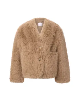 Boxy V-Neck Faux Fur Jacket female