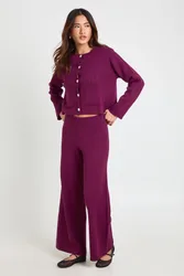 Womens Petite Pocket Detail Crew Neck Knitted Cardigan And Wide Leg Trouser - Burgundy - Size Medium