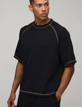 Herren Übergroßes Kastenförmiges Waffel-Oberteil Mit Kontraststeppung Und Raglanärmeln In Gewaschener Optik Black Größe XL - boohooMAN - FashionsVida