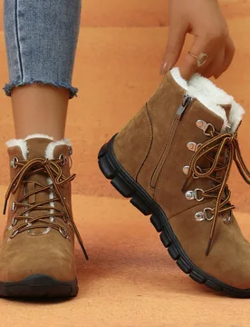 Botas de nieve cómodas y suaves con cordones para mujer, con punta redonda, tacón plano antideslizante, botas de tobillo casuales marrones cálidas - Shein - FashionsVida