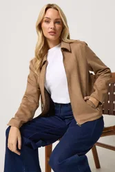 Faux Suede Bomber Jacket - Natural - Size: 18