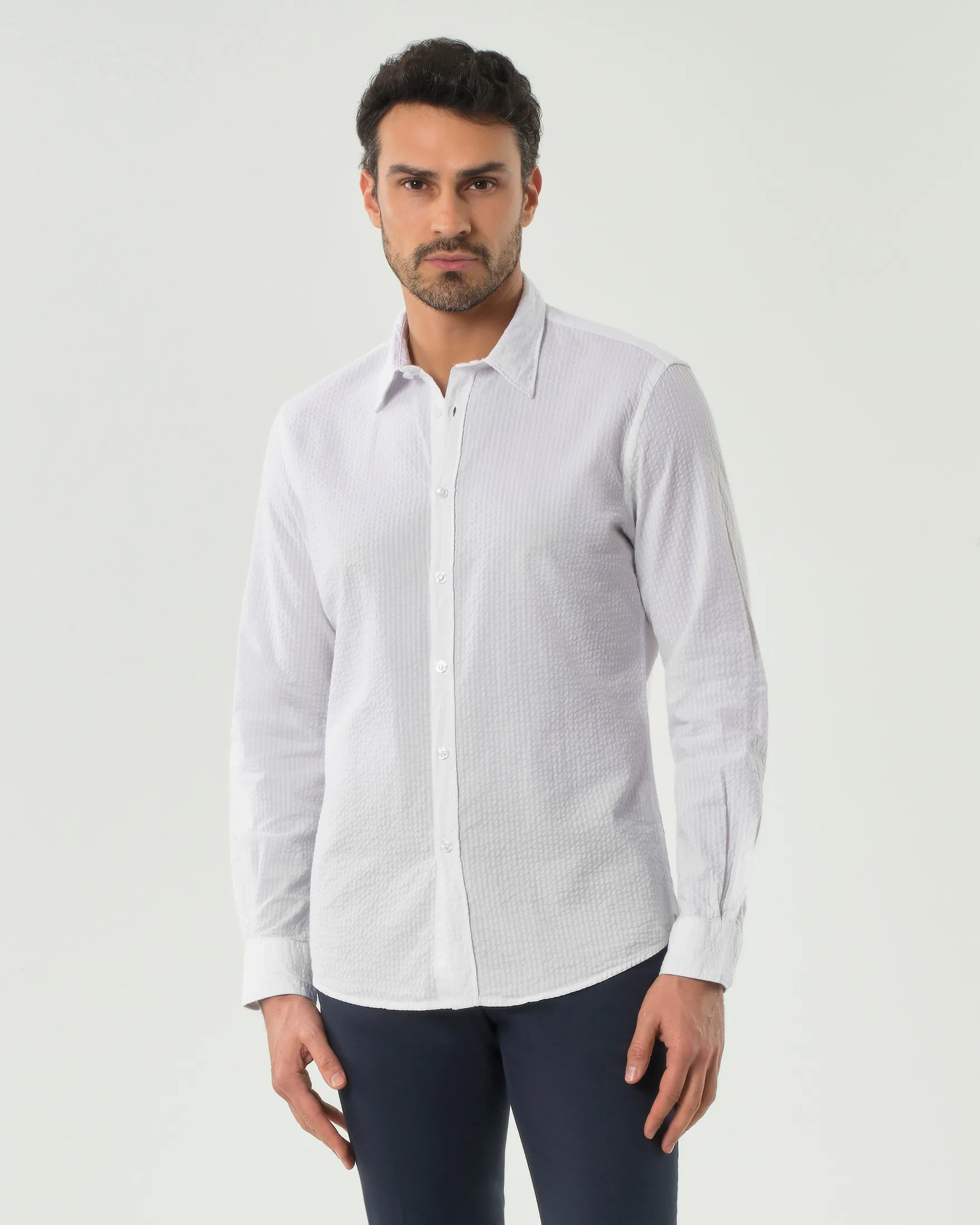 Camicia bianca in seersucker di puro cotone - Paul Baker - FashionsVida