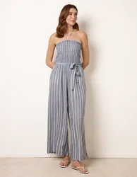 Bardot Tie Neck Pinstripe Jumpsuit - L/XL / DENIM - female